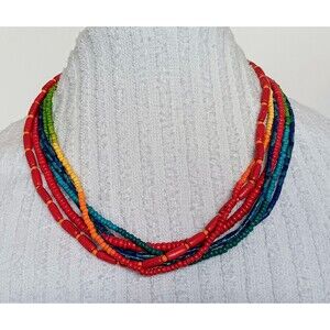 Multi Strand Colorful Bright Wood Bead Necklace Boho Button Toggle Clasp 20 in